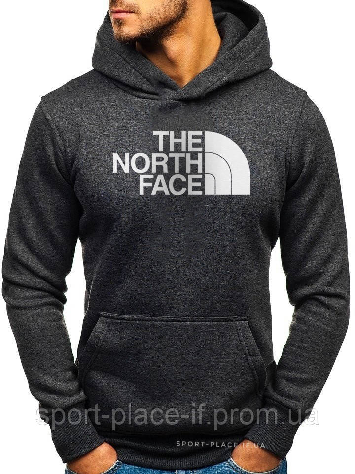 Чоловіча толстовка The North Face (Норс Фейс) темно-сіра (велика біла емблема) кенгуру худі