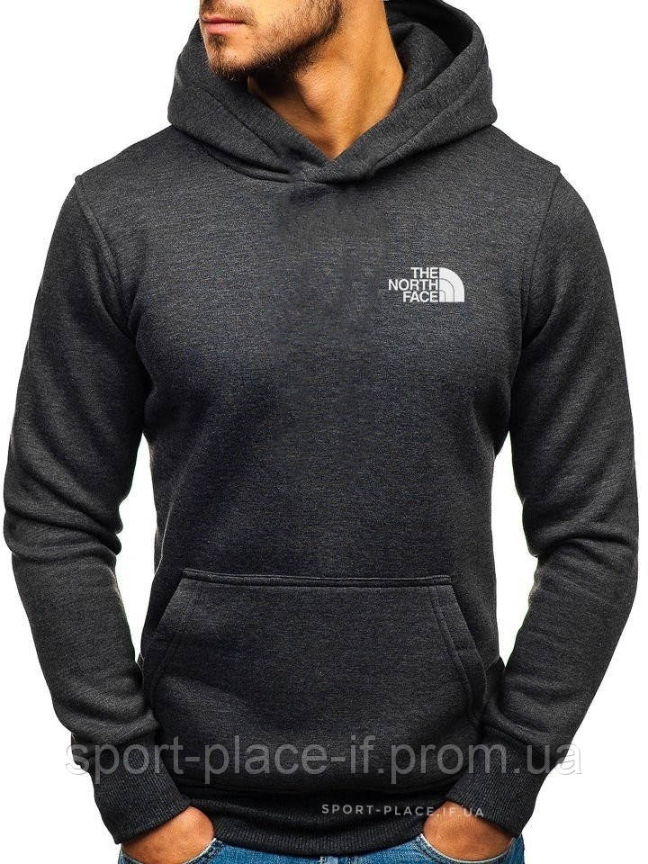 Чоловіча толстовка The North Face (Норс Фейс) темно-сіра (маленька біла емблема) кенгуру худі