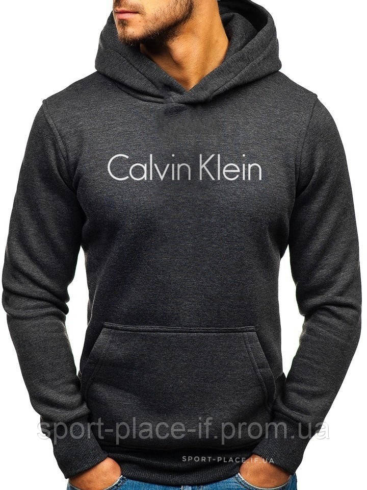Чоловіча толстовка Calvin Klein (Кельвін Кляйн) темно-сіра (велика біла емблема) кенгуру худі