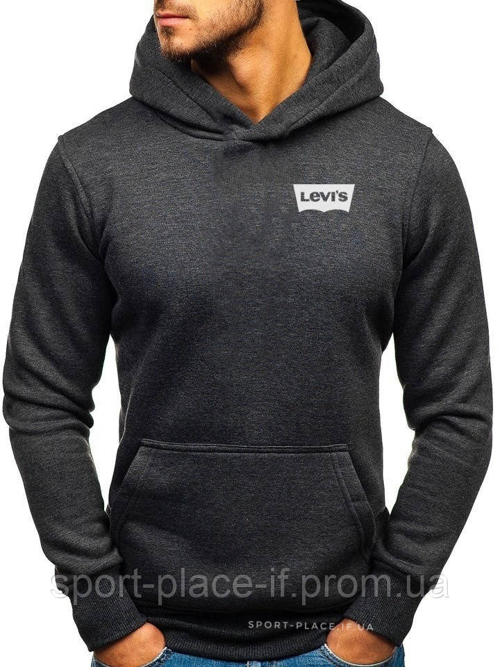 Чоловіча толстовка Levis (Левіс) темно-сіра (маленька біла емблема) кенгуру худі