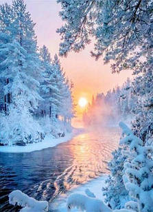 Алмазна вишивка зимовий пейзаж річка 30х20 см, повна викладка, квадратні стрази  Huacan