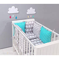 Комплект у дитяче ліжечко Хатка Слони сірий із м'ятним
