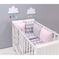 Комплект у дитяче ліжечко Хатка Слони рожевий із сірим