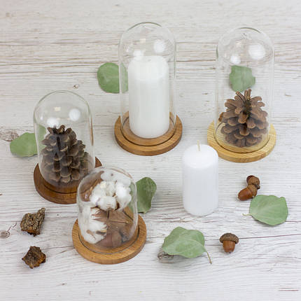 Скляний ковпак d-90 mm h-165 mm на дерев'яній підставці, фото 3