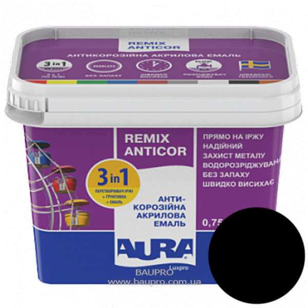 Ґрунт-емаль AURA 3 в 1 Luxpro Remix Anticor акрилова RAL 9011 (чорна), 0,75 л