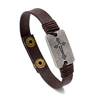 Мужской гладкий кожаный браслет «Autentic» с крестом (коричневый)