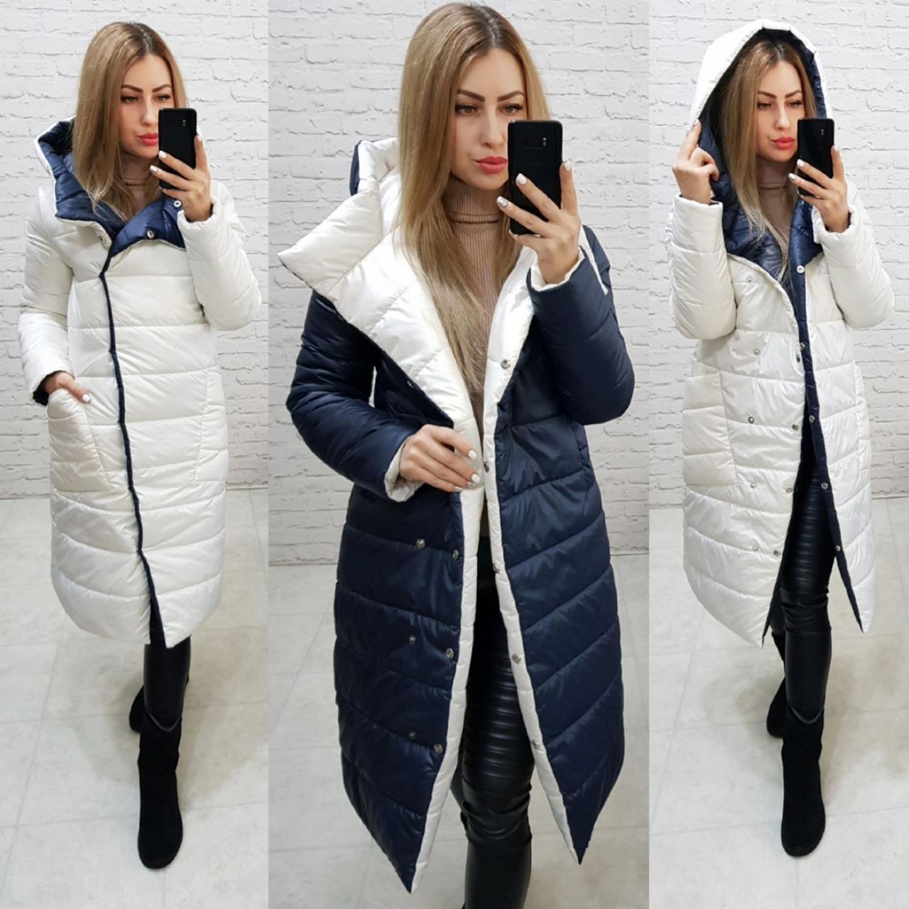 Wow!!! Двостороннє пальто єврозима з капюшоном, арт 1007, колір темно-синій + білий