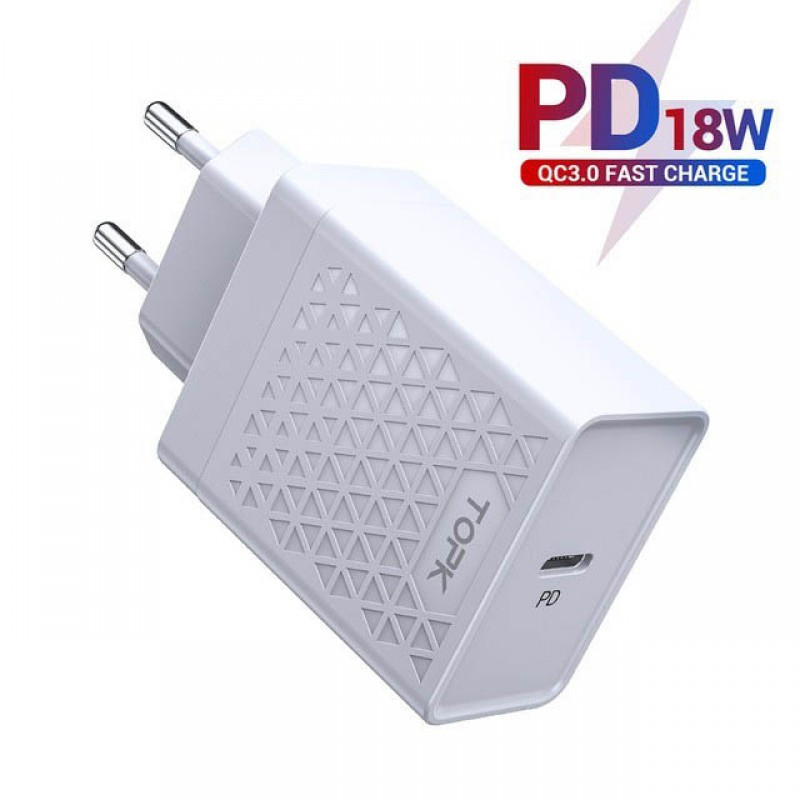 Сетевое зарядное устройство Topk Qualcomm Quick Charge 3.0 18W USB Type-C/PD White (TK154-WT) - фото 1 - id-p1110840240