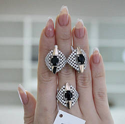 Комплект в сріблі з золотом і чорним цирконом Північне сяйво