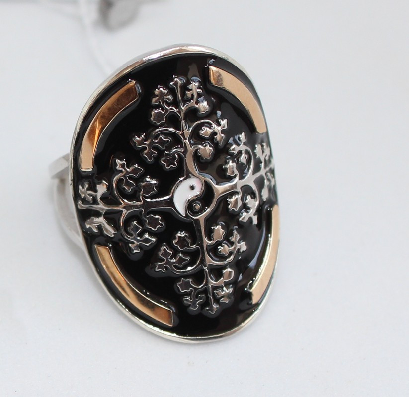 Каблучка срібна жіноча родована з чорною емаллю "Ельвіра" Масивний перстень зі срібла