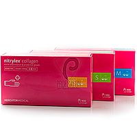 Нитриловые перчатки розовые Nitrylex PF Collagen текстурированные на пальцах, неопудренные, 50пар в упаковке L