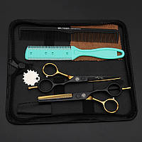 Комплект перукарських напівергономічних ножиць для стрижки чорний із золотом 5.5 дюймів Mr Tiger