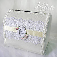 Белая коробка для денег свадебная Казна для конвертов Сундук с рамкой и кружевом Семейный банк