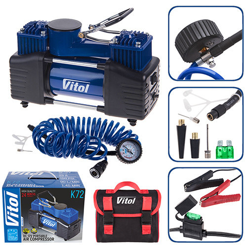 Компресор "VITOL" K-72 150 psi/25Amp/90л/2 циліндри/шланг 5,0 м/клемми/з дефлятором (K-72)