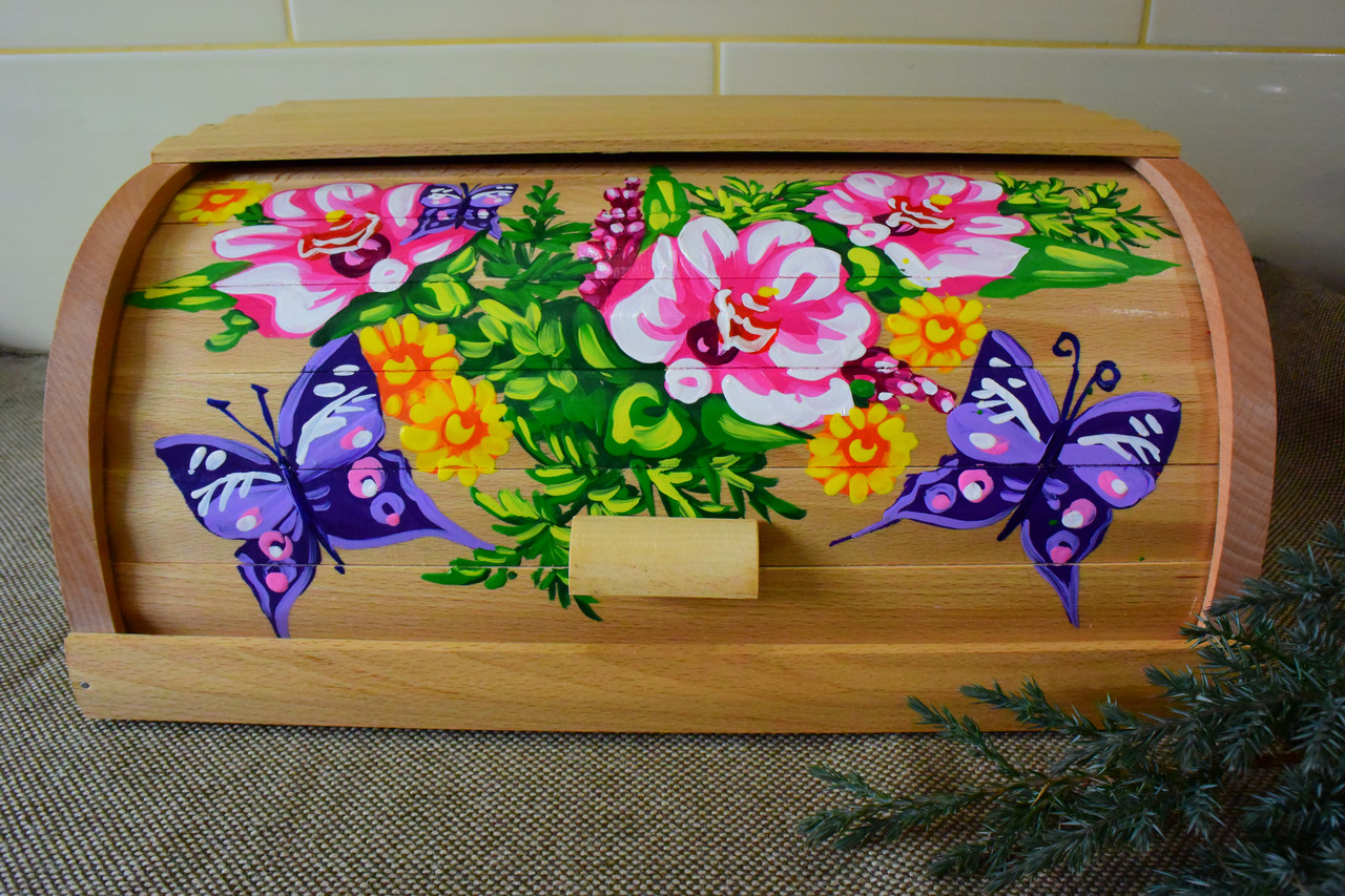 Хлівниця дерев'яна велика "КВІТИ" Хлібниця дерев'яна велика Високої якості Дерев'яна хлібниця, фото 1