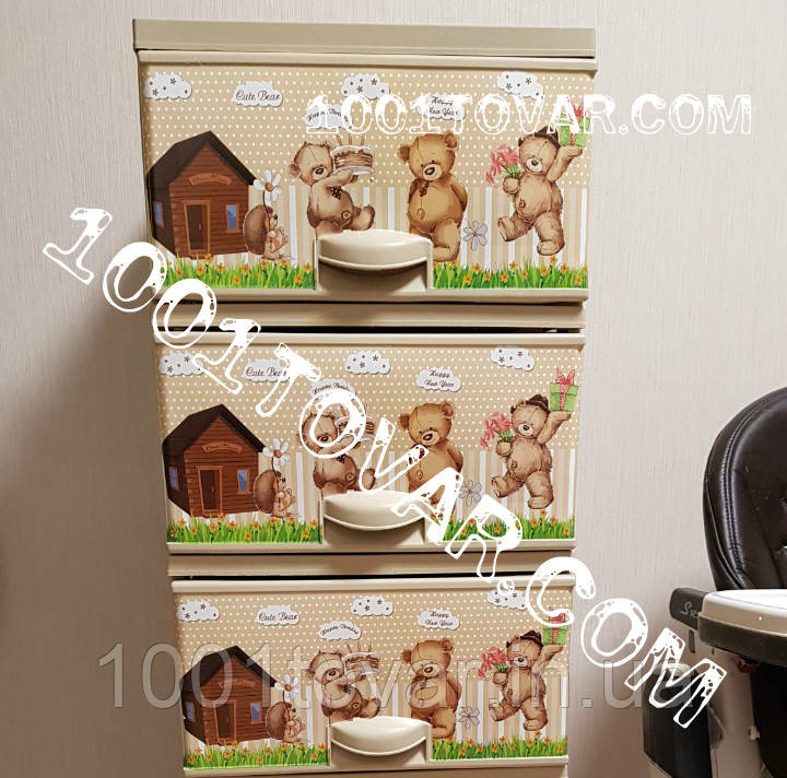 Комод пластиковий, з малюнком "Ведмежата", 3 шухляди, фото 1