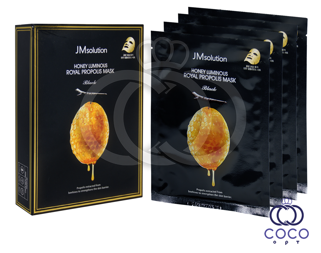Корейська тканинна відновлююча маска JMsolution Honey Luminous Royal Propolis Mask (10 штук), фото 1