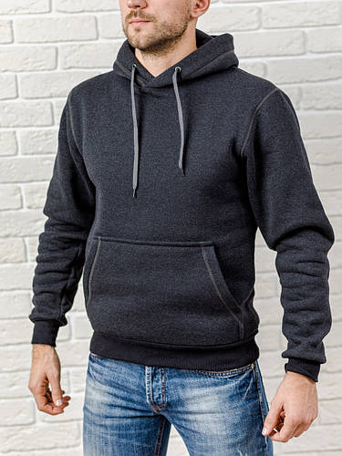 Темно-серая мужская толстовка с капюшоном, теплая темно-серая худи ...