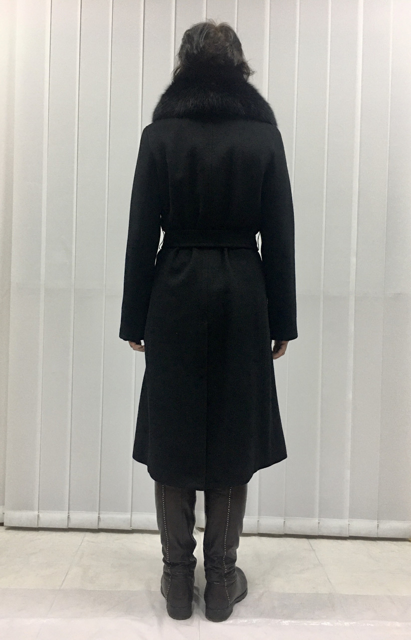 Пальто жіноче класичне вовняне чорне під пояс зі знімним хутряним коміром песця - фото 6 - id-p1112165476