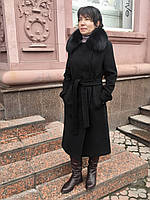 Пальто жіноче класичне вовняне чорне під пояс зі знімним хутряним коміром песця