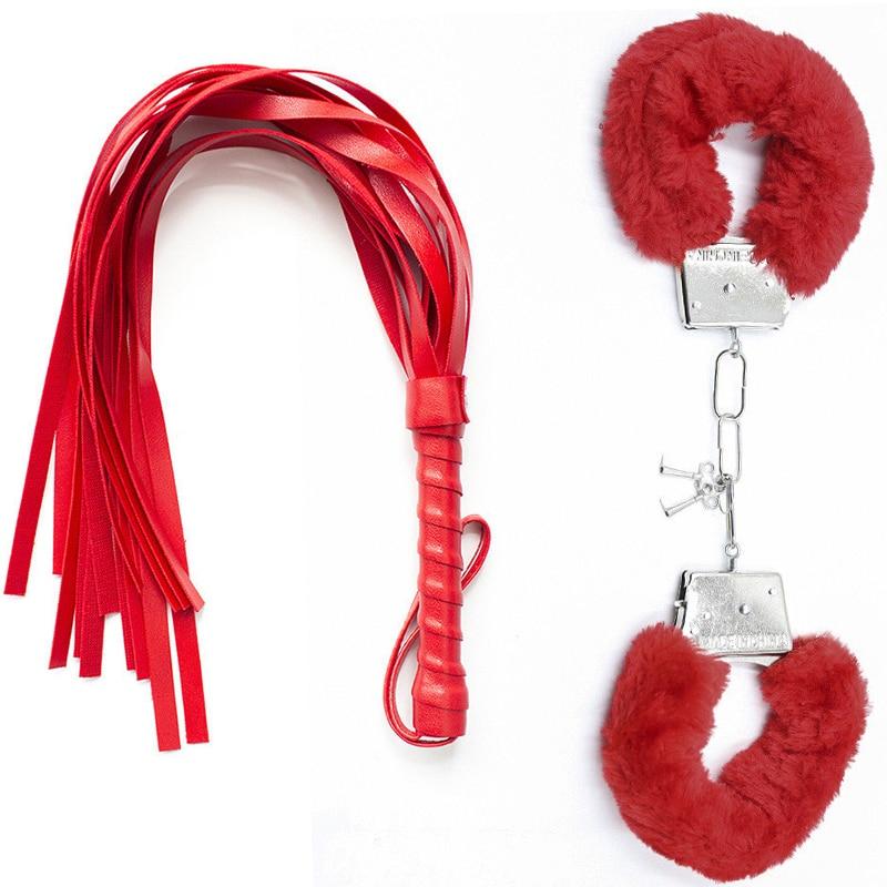 Еротичний набір для дорослих ігор, 2 предмети "Плетка та наручники", колір червоний, фото 1