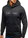 Чоловіча толстовка Calvin Klein (Кельвін Кляйн) темно-сіра (велика біла емблема) кенгуру худі, фото 2