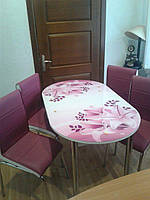 Раскладной обеденный кухонный комплект овальный стол и стулья "Фиолетовые лилии" ДСП стекло 75*130 Лотос-М