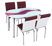 Розкладний обідній кухонний комплект овальний стіл і стільці "Бузкова хвиля" ДСП гартоване скло 75*130 Лотос-М