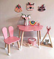 Дитячий стіл та 1 стілець (дерев'яний стільчик зайчик і стіл полухмара)