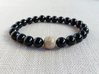 Браслет з Чорного Турмаліну Шерла і скам'янілого Корала Петоскі