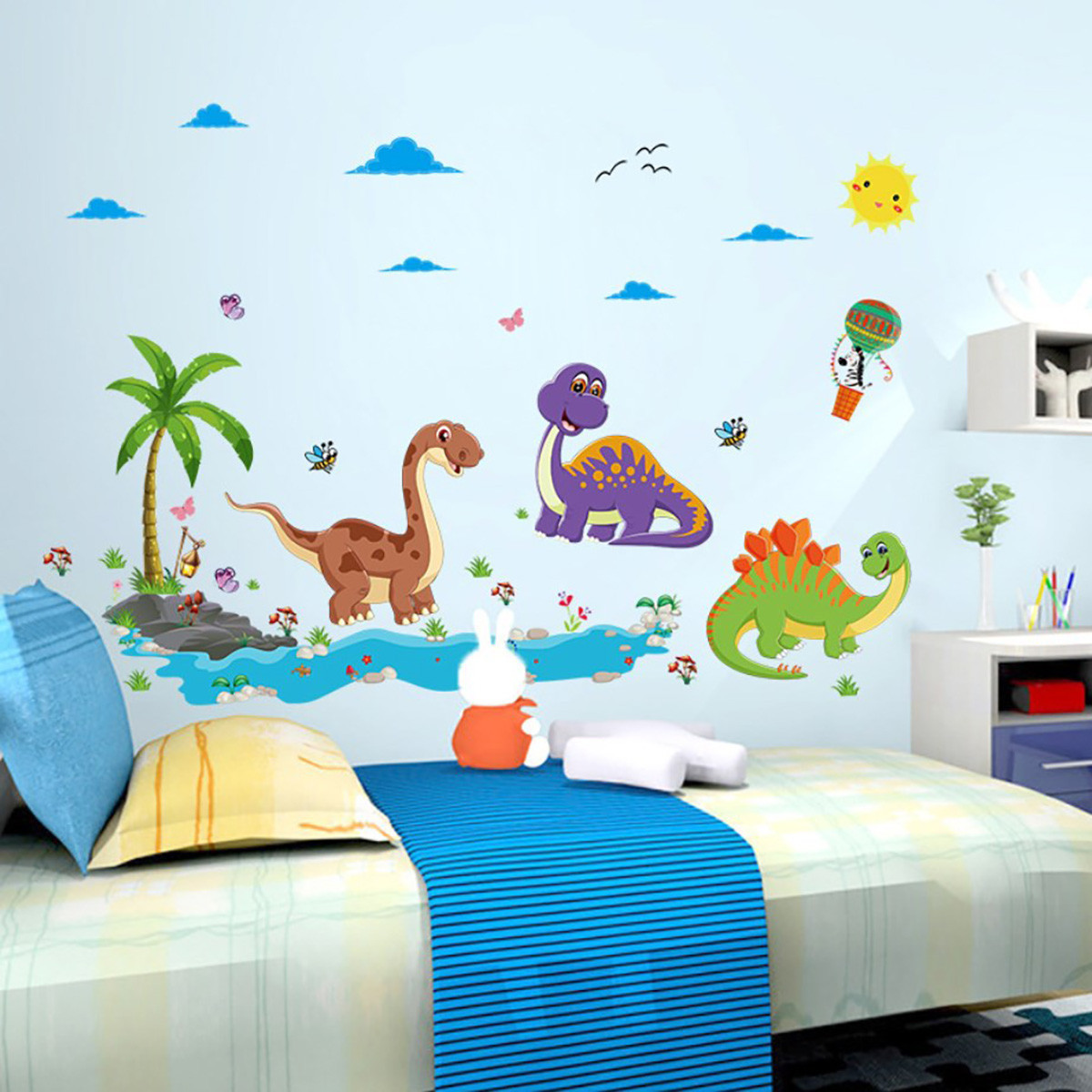 3D інтер'єрні вінілові наклейки на стіни Динозаври — Сонце — Тучі — Пальма 90-60 см у дитячу.Обої
