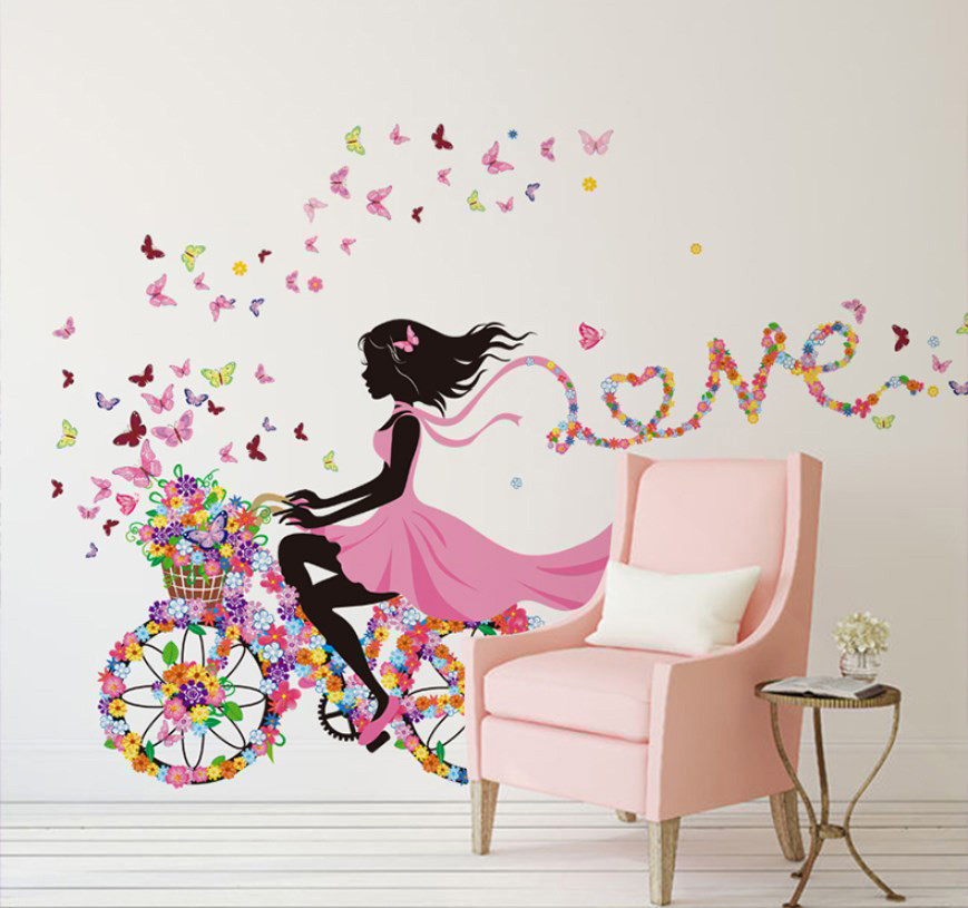 3D інтер'єрні вінілові наклейки на стіни "Фея на велосипеді з квітами та метеликами" 90-60 см у дитячу. Декор