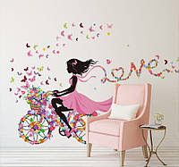 3D интерьерные виниловые наклейки на стены "Фея на велосипеде с цветами и бабочками" 90-60 см в детскую. Декор