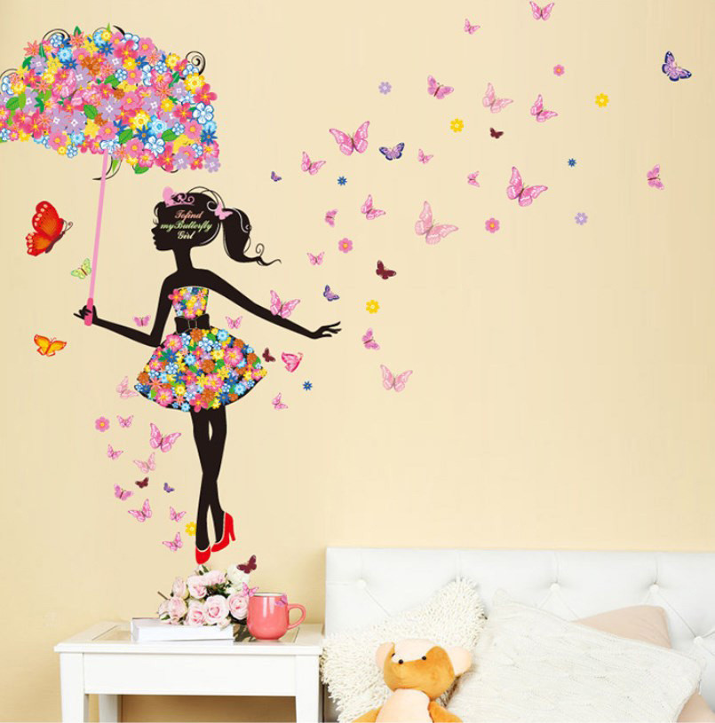 3D інтер'єрні вінілові наклейки на стіни "Фея з Зонтиком, Квітами та Метеликами" 90-60 см у дитячу. Декор