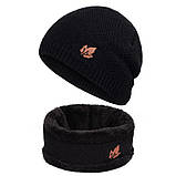 Набір: підліткова зимова чорна шапка чорна з хутром + теплий бафф снуд на хутрі на хлопчика підлітка, фото 5