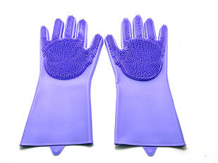 Силіконові рукавички для миття та чищення Silicone Magic Gloves з ворсом Бузкові