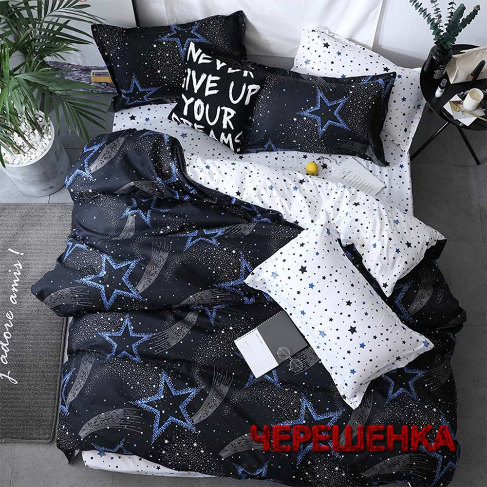 Тканина для постільної білизни Бязь "Gold" Lux GL1253 (A+B) - (50м+50м) сині зірки на чорному і білому