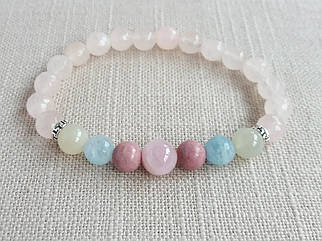 Браслет Рожевий Кварц Місячний камінь Аквамарин Родоніт 8мм