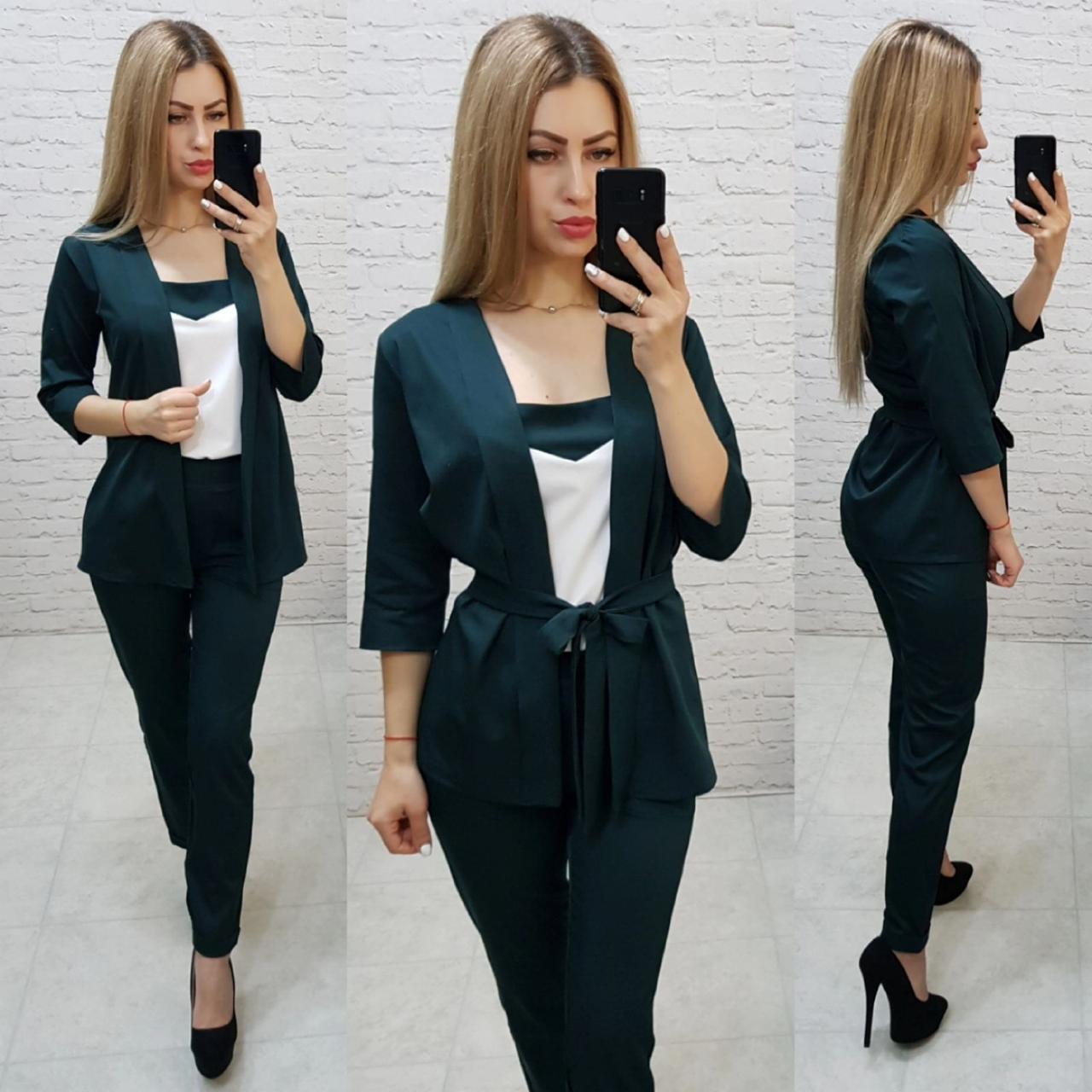 Жіночий костюм трійка (штани, майка і кардиган з поясом), арт 165, колір темно зелений, фото 1