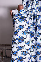 Ткань рубашка хлопок - белый, бледно-голубой с синими цветами и серыми листьями