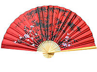 Веер настенный "Сакура с бамбуком на красном фоне" шелк (90см)