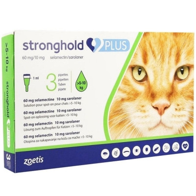 Стронгхолд Плюс Stronghold Plus для котів вагою від 5 до 10 кг краплі на холку від бліх та кліщів, упаковка 3 піп