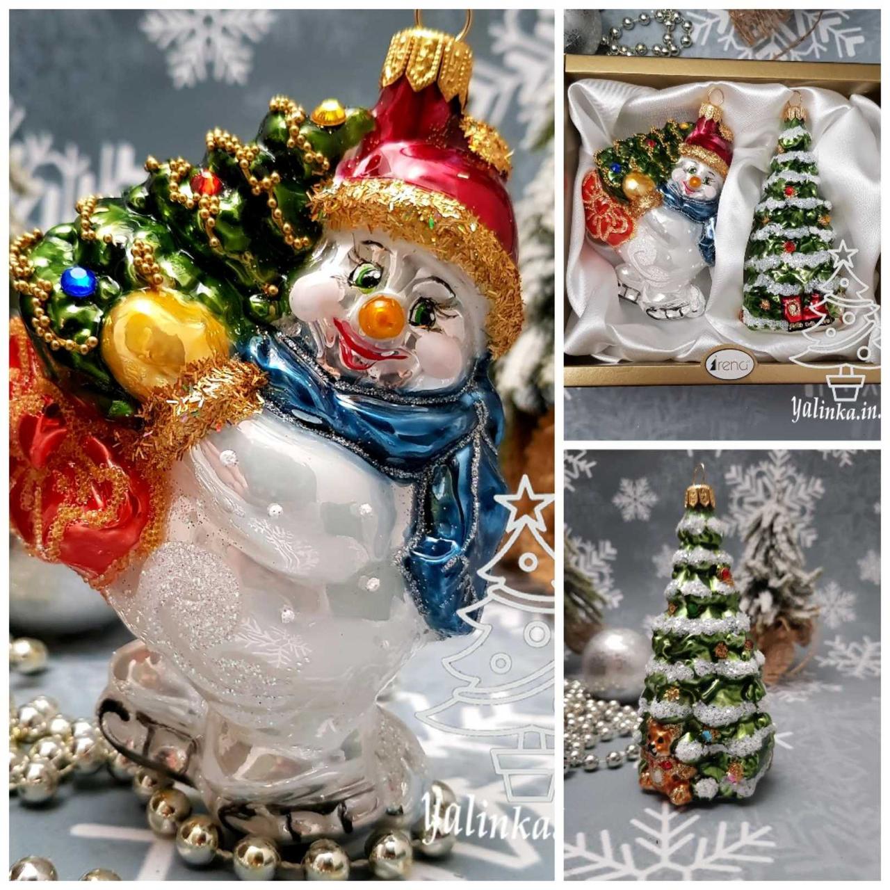 Набір скляних ялинкових іграшок Irena Сніговик на ковзанах і ялинка