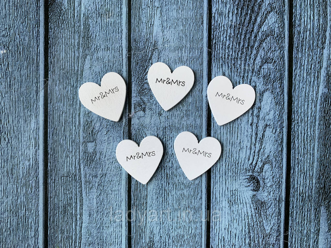 Дерев'яний декор "Серце Mr&MRS", 3 х 3 см, 10 шт/уп., білого кольору, фото 1