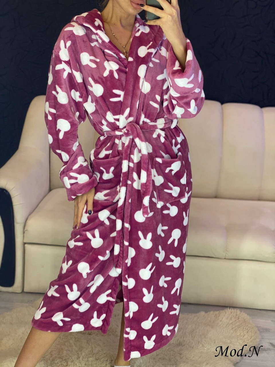 Халат довгий теплий із зайцями з капюшоном із поясом, фото 1