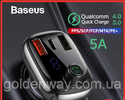 Автомобільна зарядка, модульатор BASEUS T typed with Bluetooth FM S-13 + 2 USB/1Type-C, QC4.0/PD, 5A/1.5A/3A