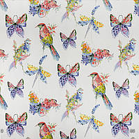 Ткань для штор, римских штор, скатертей и декор крупные яркие птицы и бабочками на белом фоне