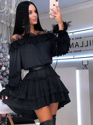 Сукня міні Белла жіноче шовк Армані з відкритими плечима з мереживом та воланами Smf4049, фото 2