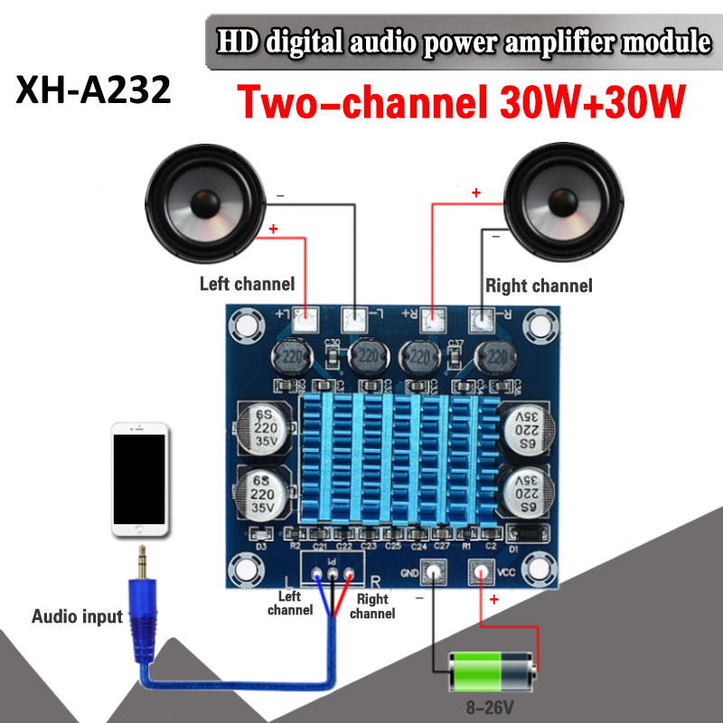 XH-A232 стереопідсилювач 2.0 на базі TPA3110 DC 8-26 V 3 A 30 W + 30 W, фото 1