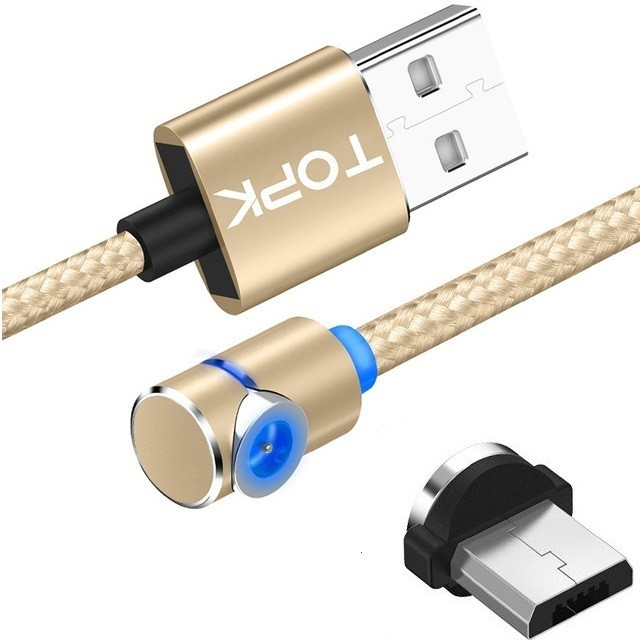 Магнітний кабель TOPK 2 метри ПОВОРОТ 90° USB 2.0 для зарядки AM51 Micro USB (ЗОЛОТИЙ)